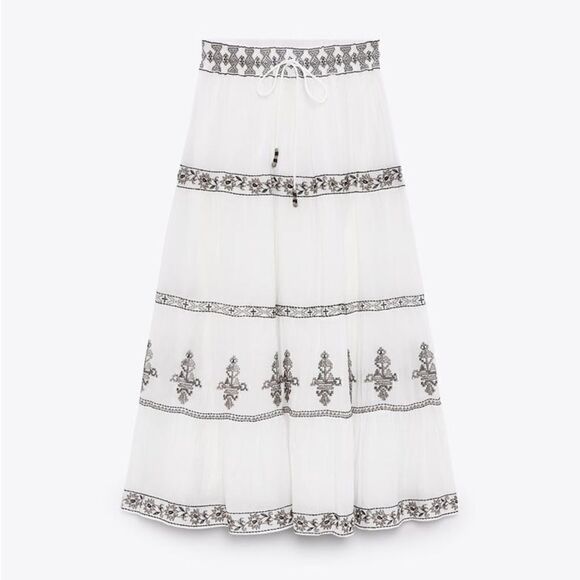 ZARA BOHO EMBROIDERED MIDI SKIRT - Picture 12 of 14